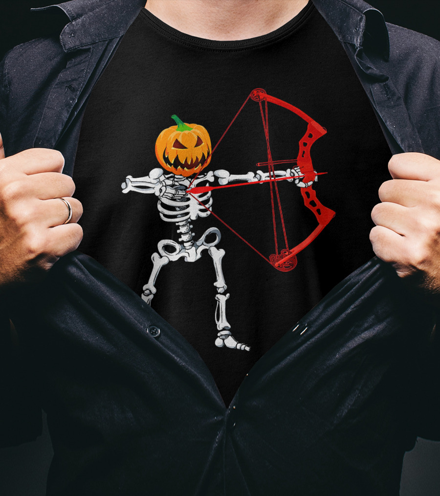 Skeleton Pumpkin Head With Red Bow Archery Halloween T-Shirt