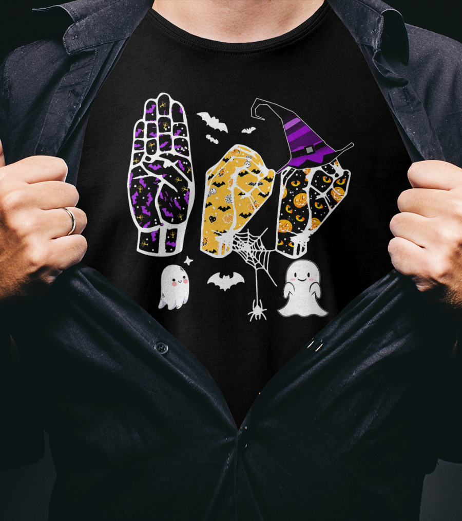 Sign Language Boo Halloween Witch Hat Ghosts T-Shirt