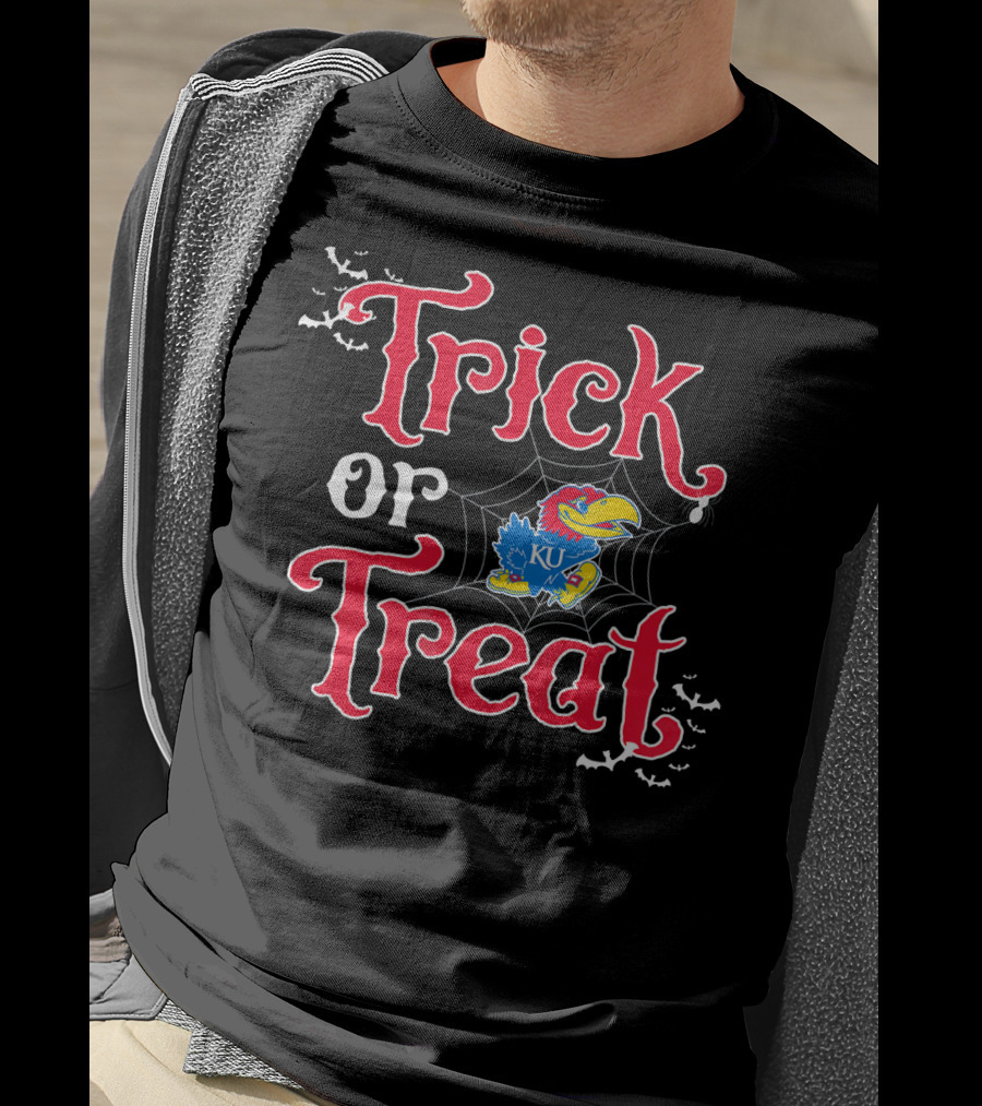 Kansas Jayhawks Trick Or Treat Halloween KU Logo Spiderweb Bats T-Shirt