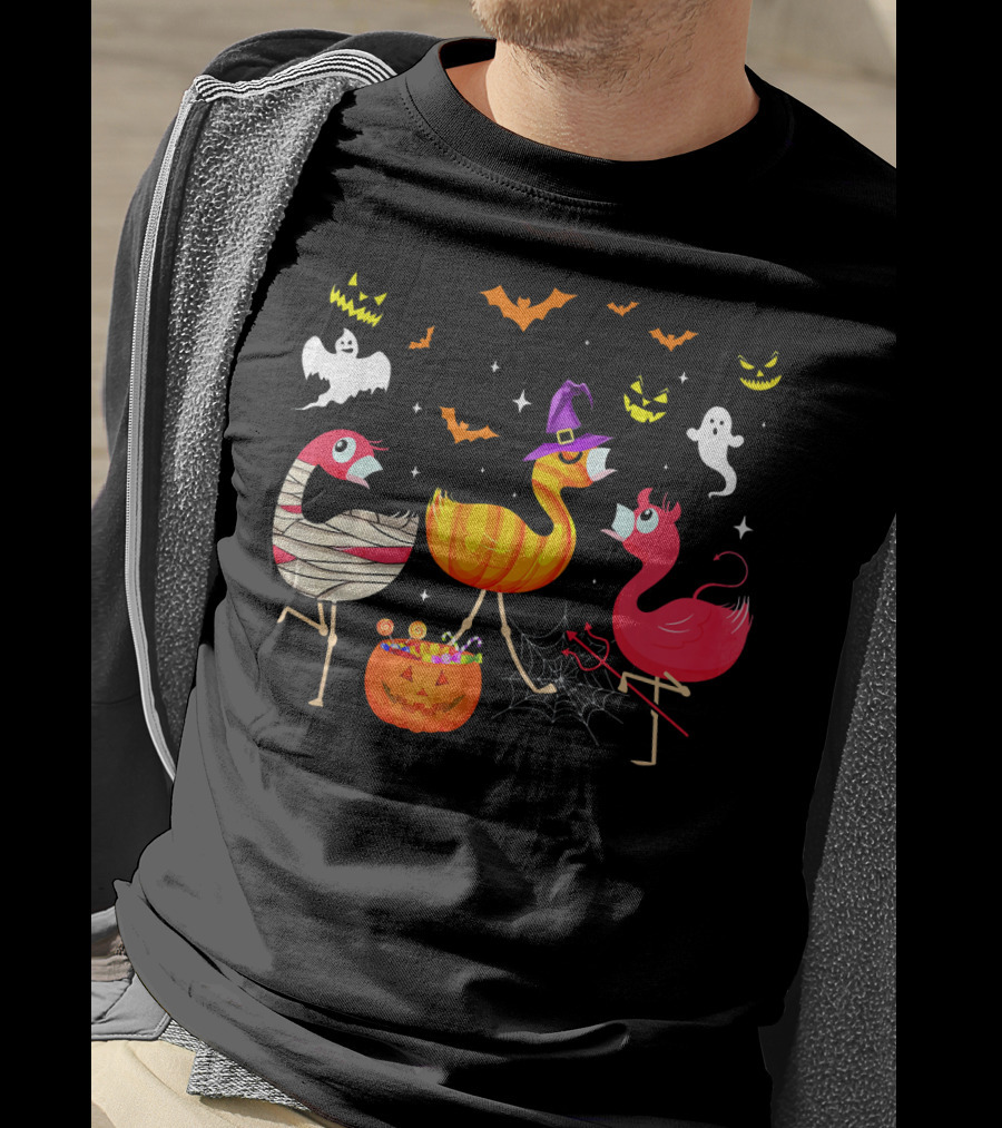 Flamingo Happy Halloween Ghosts And Pumpkins T-Shirt