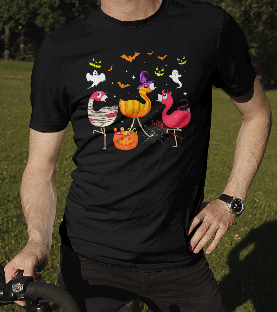 Flamingo Happy Halloween Ghosts And Pumpkins T-Shirt