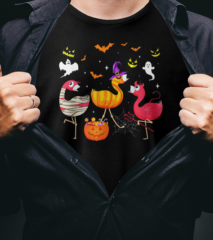 Flamingo Happy Halloween Ghosts And Pumpkins T-Shirt