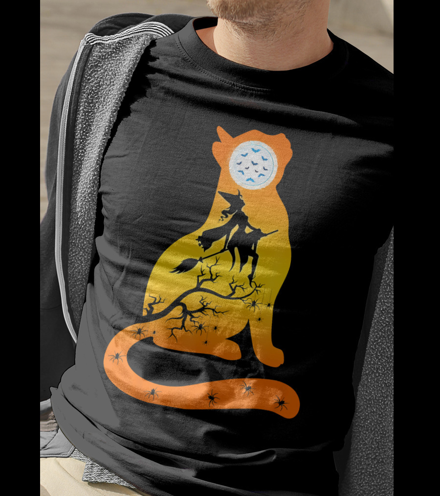 Funny Cat Witch Flying Under Bat Moon With Spooky Webs T-Shirt