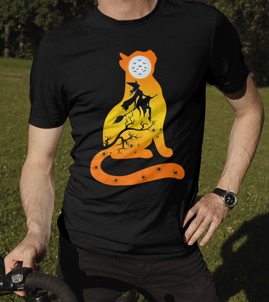 Funny Cat Witch Flying Under Bat Moon With Spooky Webs T-Shirt