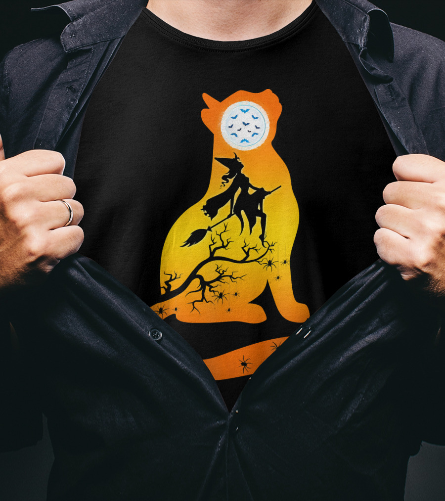 Funny Cat Witch Flying Under Bat Moon With Spooky Webs T-Shirt