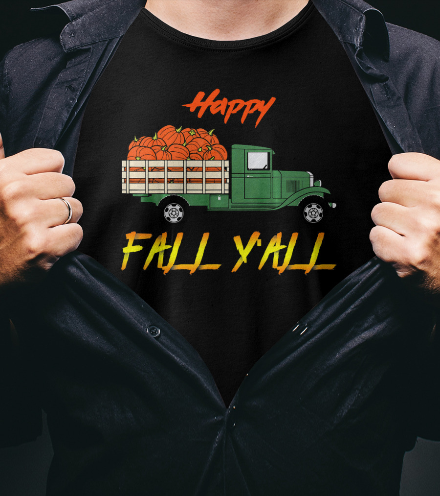 Happy Fall Yall Vintage Pumpkin Truck Classic Green Vehicle With Pumpkins T-Shirt