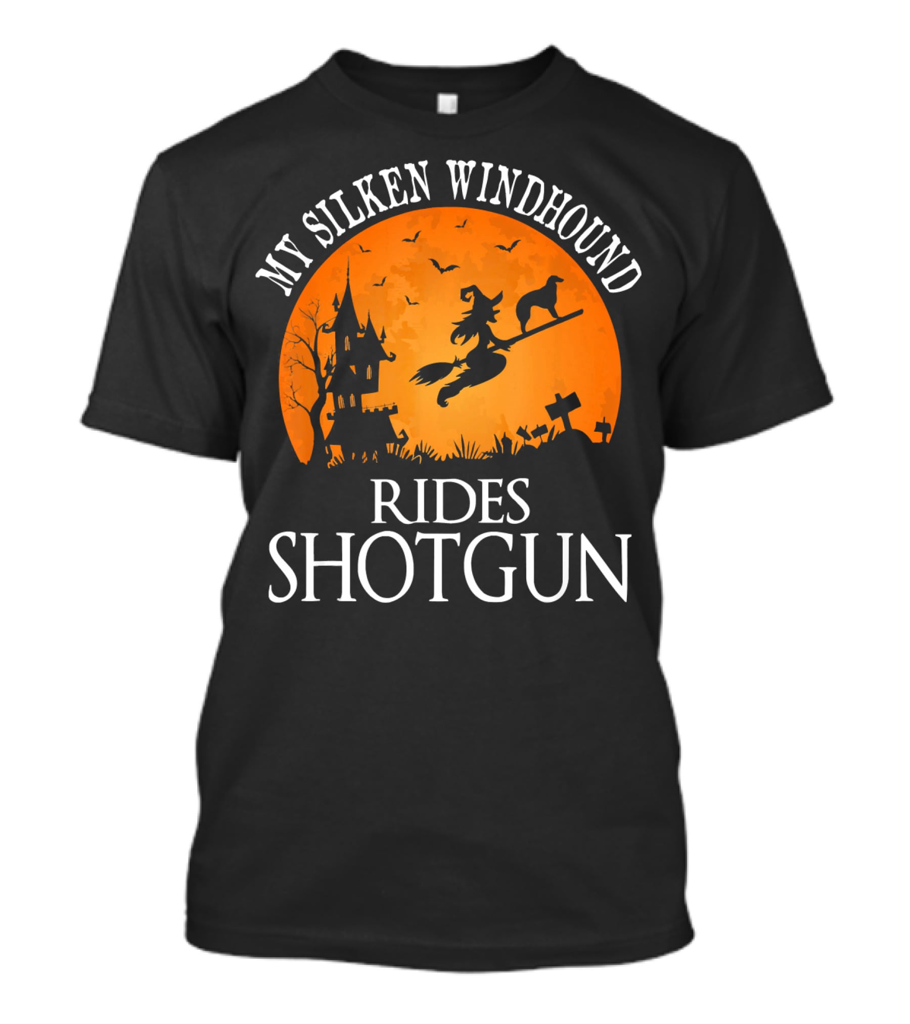 My Silken Windhound Rides Shotgun Halloween Witch Dog Moon Graveyard Scene T-Shirt
