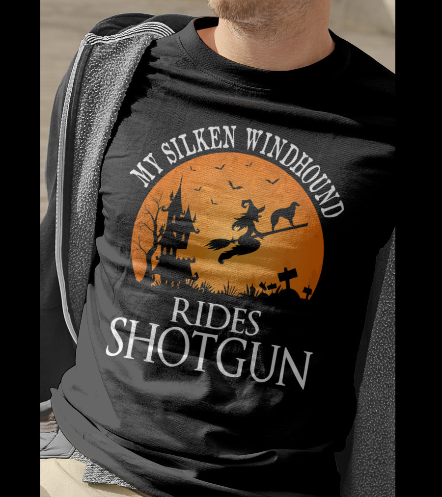 My Silken Windhound Rides Shotgun Halloween Witch Dog Moon Graveyard Scene T-Shirt