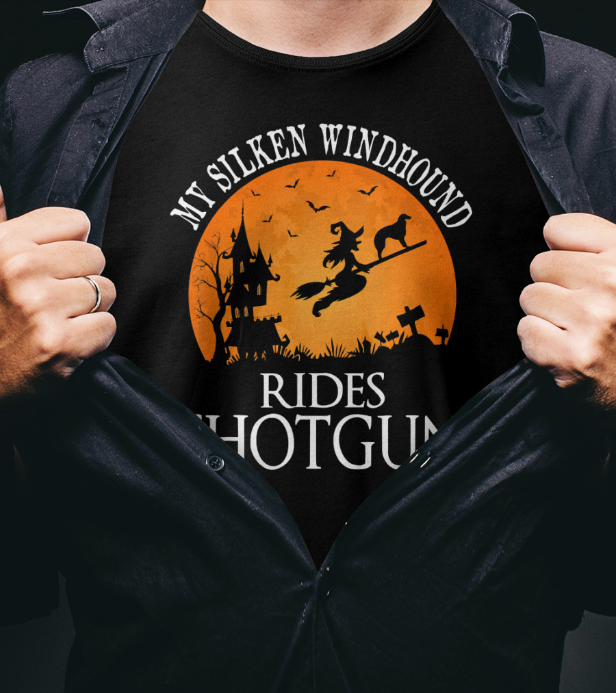 My Silken Windhound Rides Shotgun Halloween Witch Dog Moon Graveyard Scene T-Shirt
