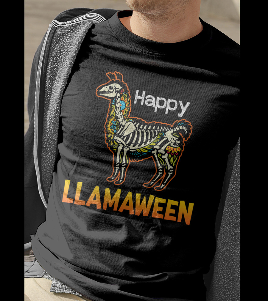 Happy Llamaween Funny Llama Skeleton Halloween T-Shirt