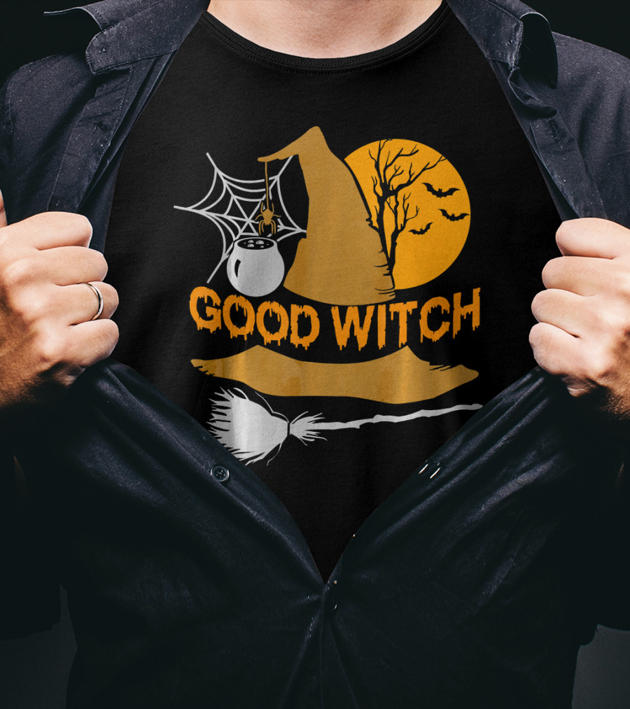 Good Witch Halloween Hat Broomstick Cauldron Bats Moon T-Shirt