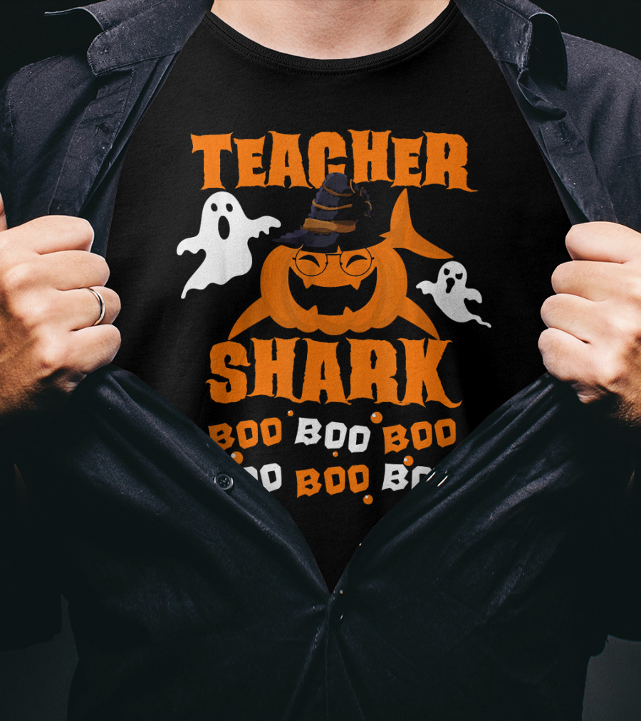 Teacher Shark Boo Boo Boo Funny Shark Halloween Ghost Pumpkin T-Shirt