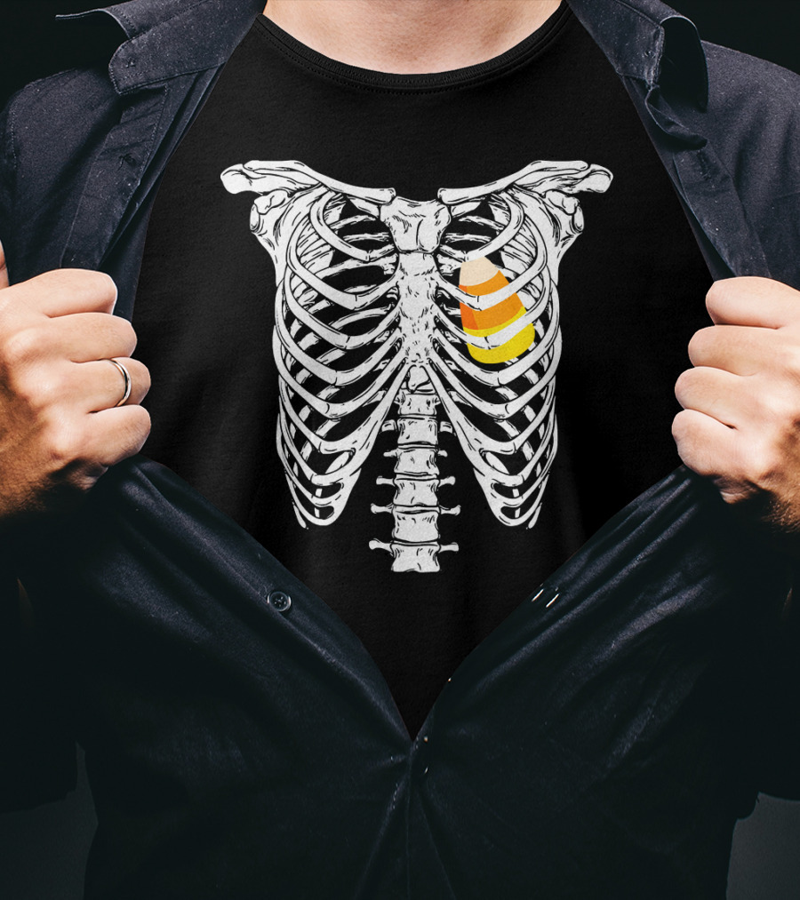 Candy Corn Inside Skeleton Ribs Halloween Humor T-Shirt