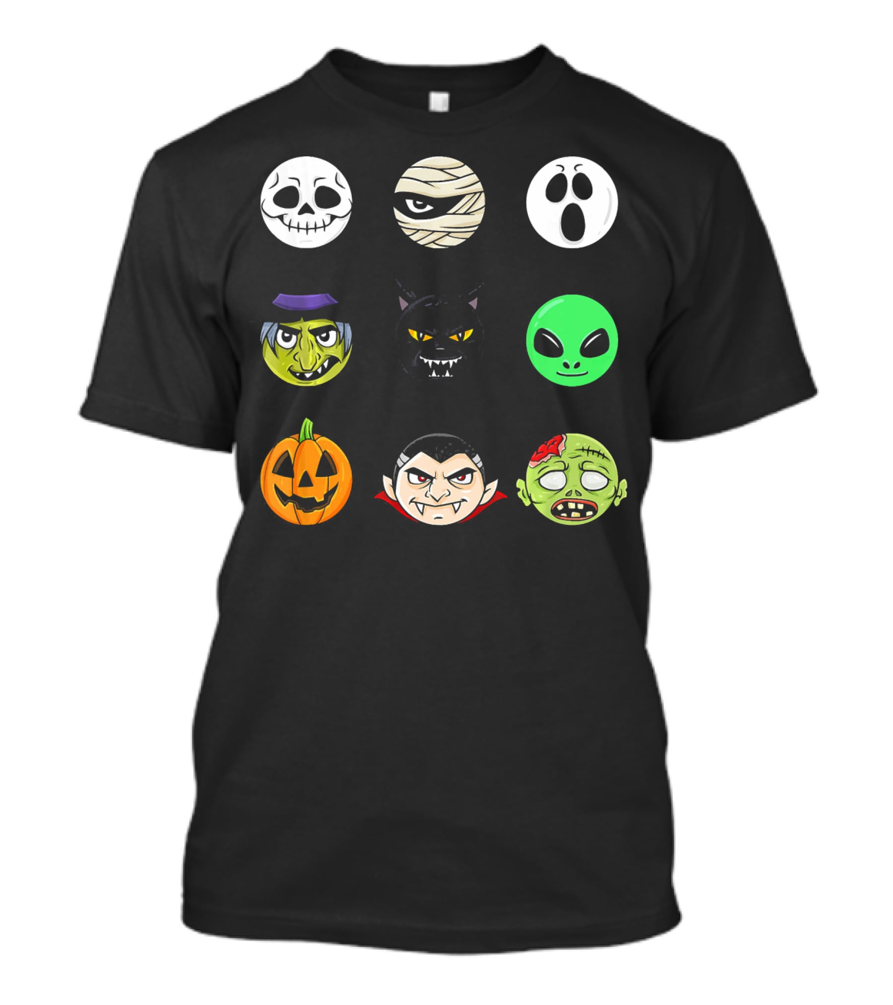 Scary Faces Halloween Emoji Emoji Icons Vampire Mummy Alien Ghost Pumpkin Monster Cat Witch T-Shirt