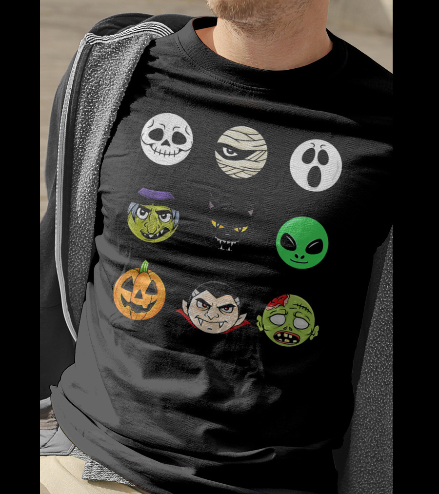 Scary Faces Halloween Emoji Emoji Icons Vampire Mummy Alien Ghost Pumpkin Monster Cat Witch T-Shirt