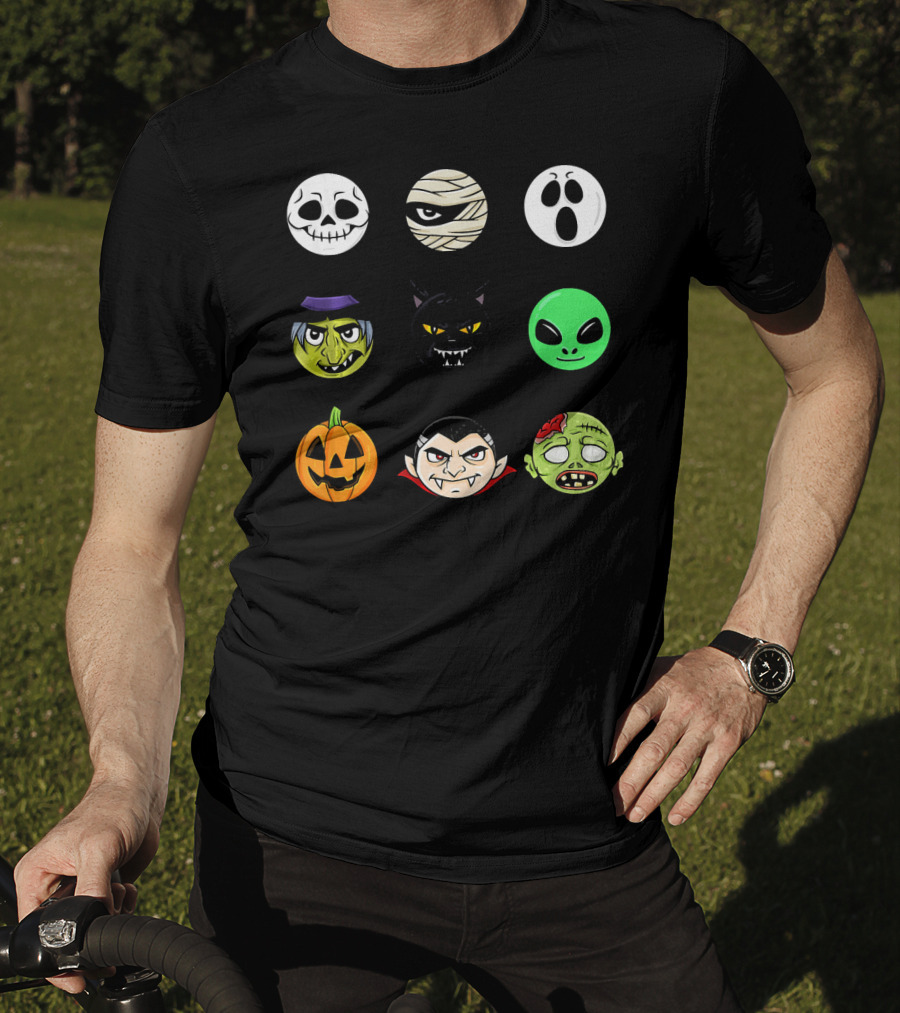Scary Faces Halloween Emoji Emoji Icons Vampire Mummy Alien Ghost Pumpkin Monster Cat Witch T-Shirt