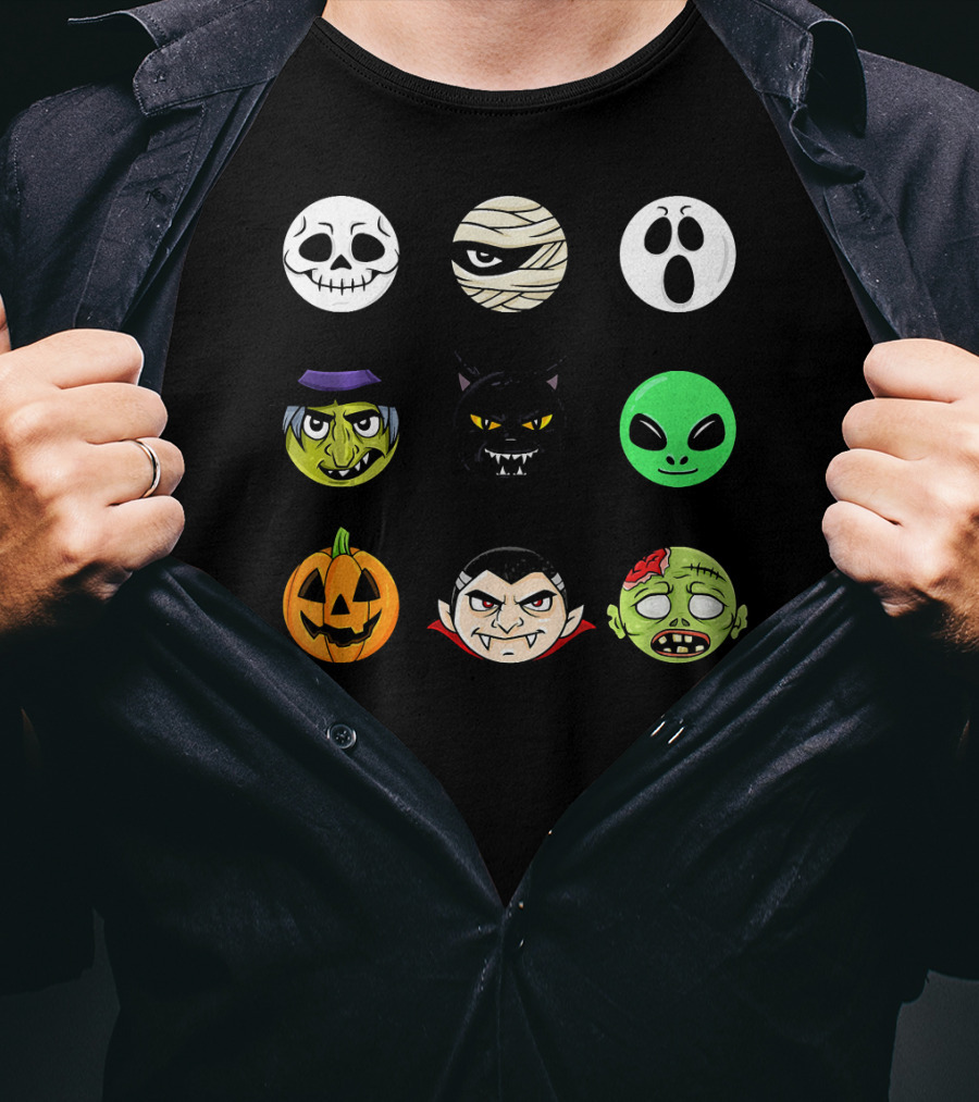 Scary Faces Halloween Emoji Emoji Icons Vampire Mummy Alien Ghost Pumpkin Monster Cat Witch T-Shirt