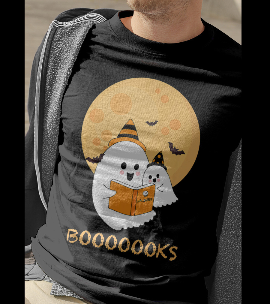 Halloween Ghosts Reading Boooooks Under Full Moon T-Shirt