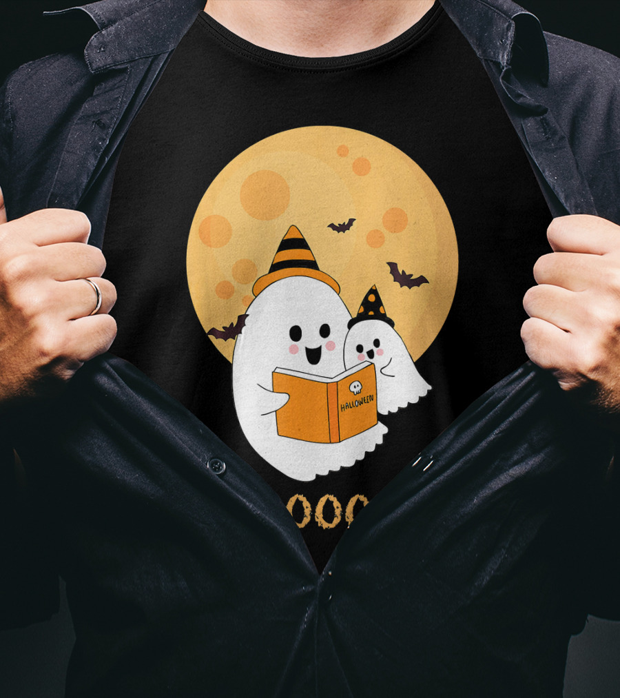 Halloween Ghosts Reading Boooooks Under Full Moon T-Shirt