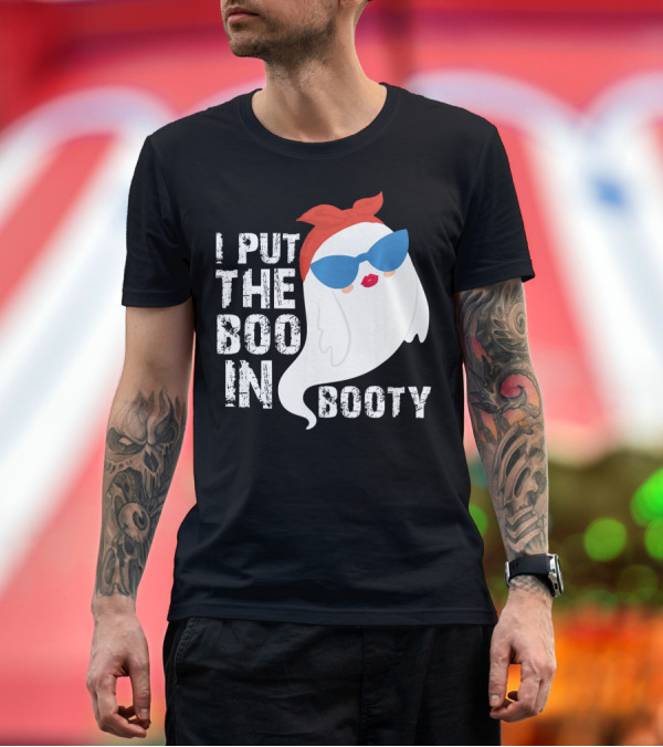 Premium T-Shirt: I Put the Boo in Booty Ghost with Sunglasses and Red Bandana T-Shirt I Put the Boo in Booty Ghost with Sunglasses and Red Bandana T-Shirt