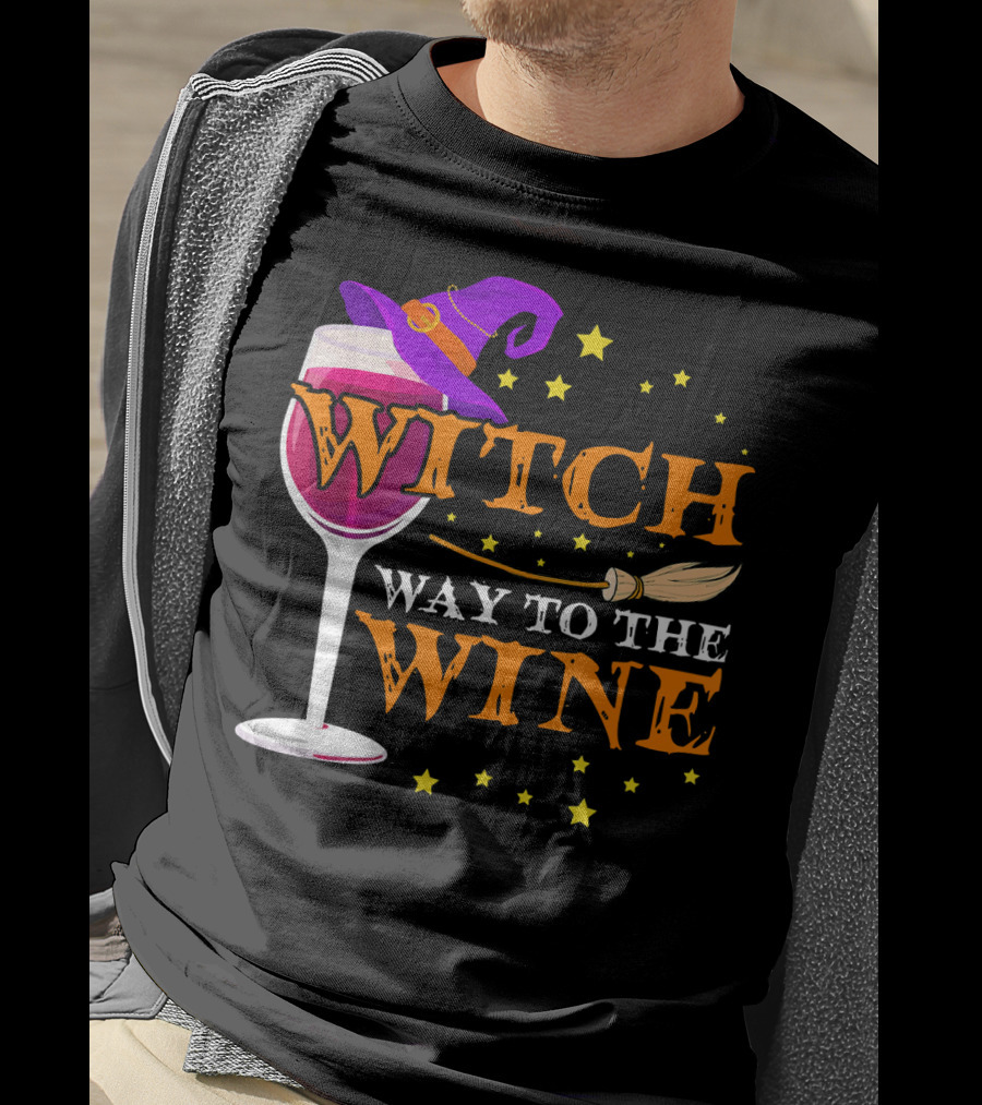 Witch Way To The Wine Halloween Wizard Hat Broomstick Stars T-Shirt
