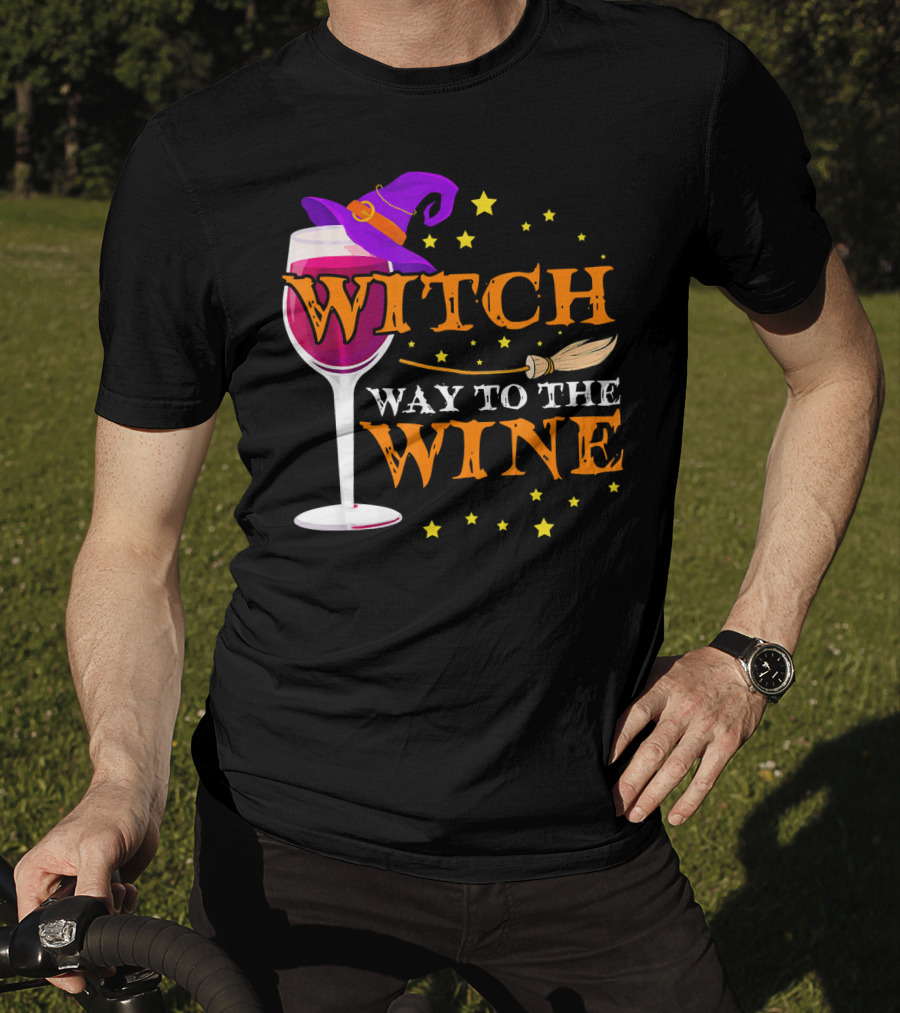 Witch Way To The Wine Halloween Wizard Hat Broomstick Stars T-Shirt