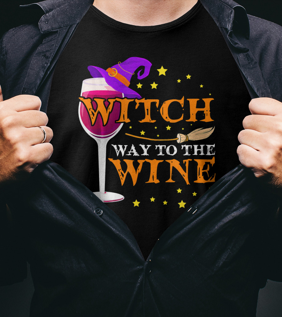 Witch Way To The Wine Halloween Wizard Hat Broomstick Stars T-Shirt