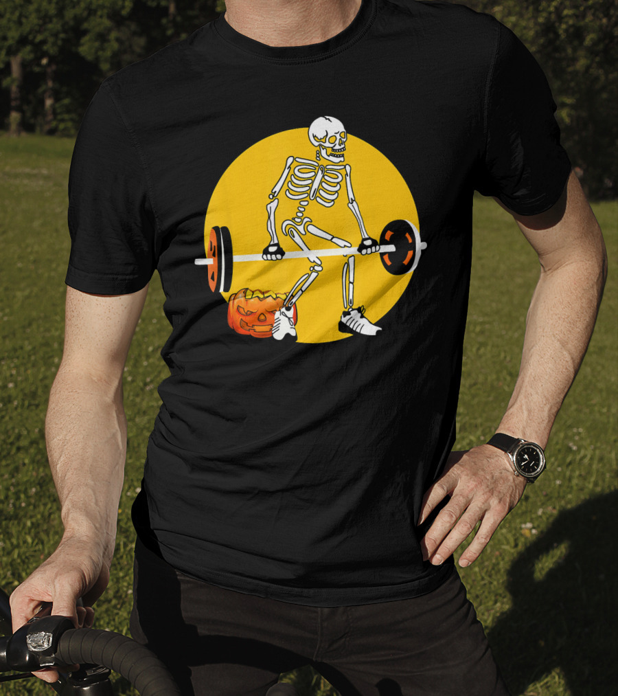 Skeleton Weightlifting With Pumpkin In Yellow Circle T-Shirt