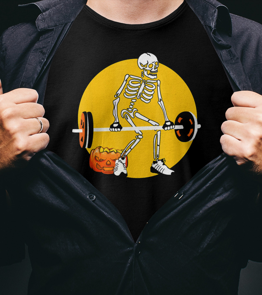 Skeleton Weightlifting With Pumpkin In Yellow Circle T-Shirt