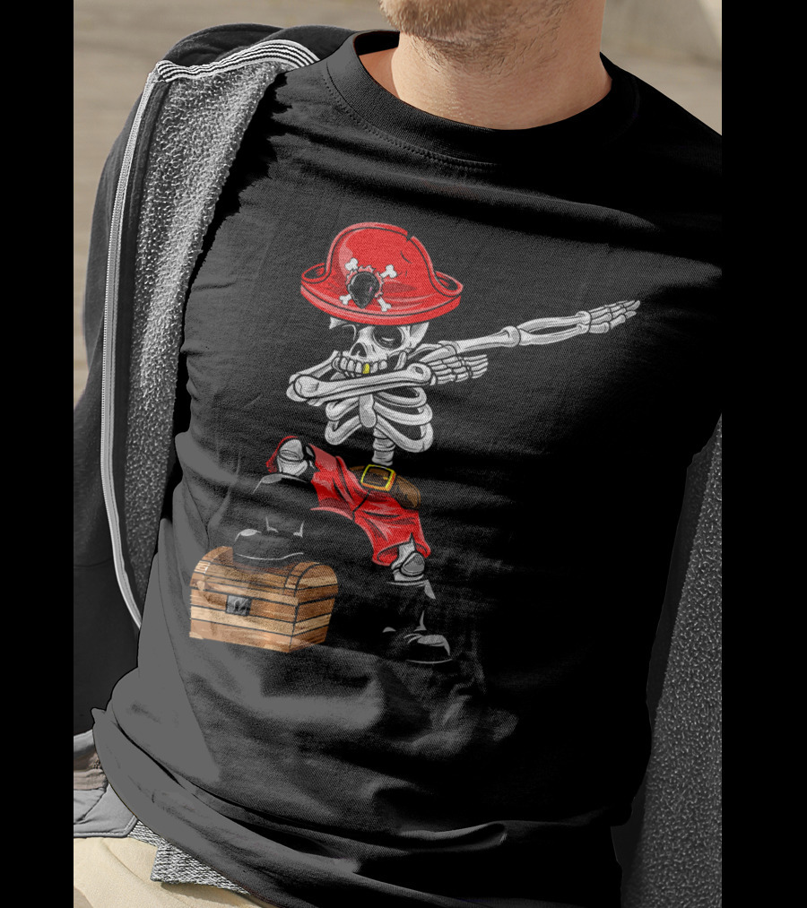 Dabbing Skeleton Pirate With Red Hat And Treasure Chest T-Shirt