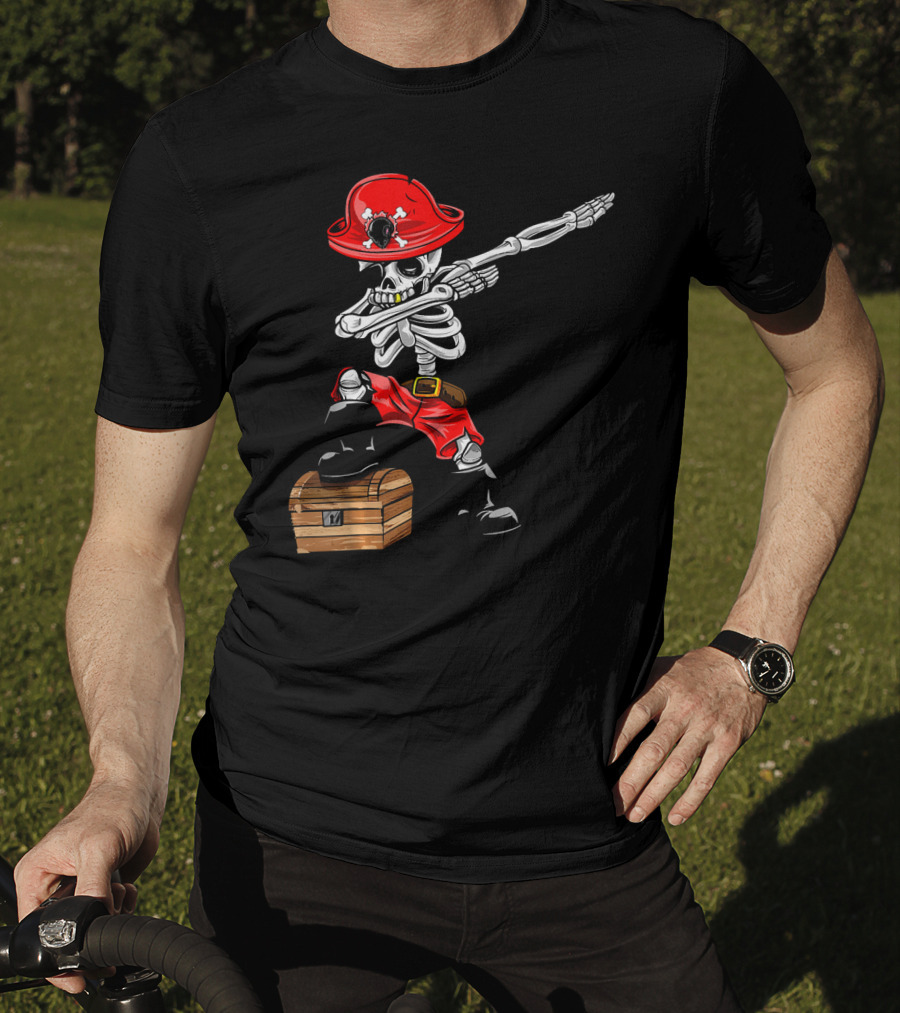 Dabbing Skeleton Pirate With Red Hat And Treasure Chest T-Shirt