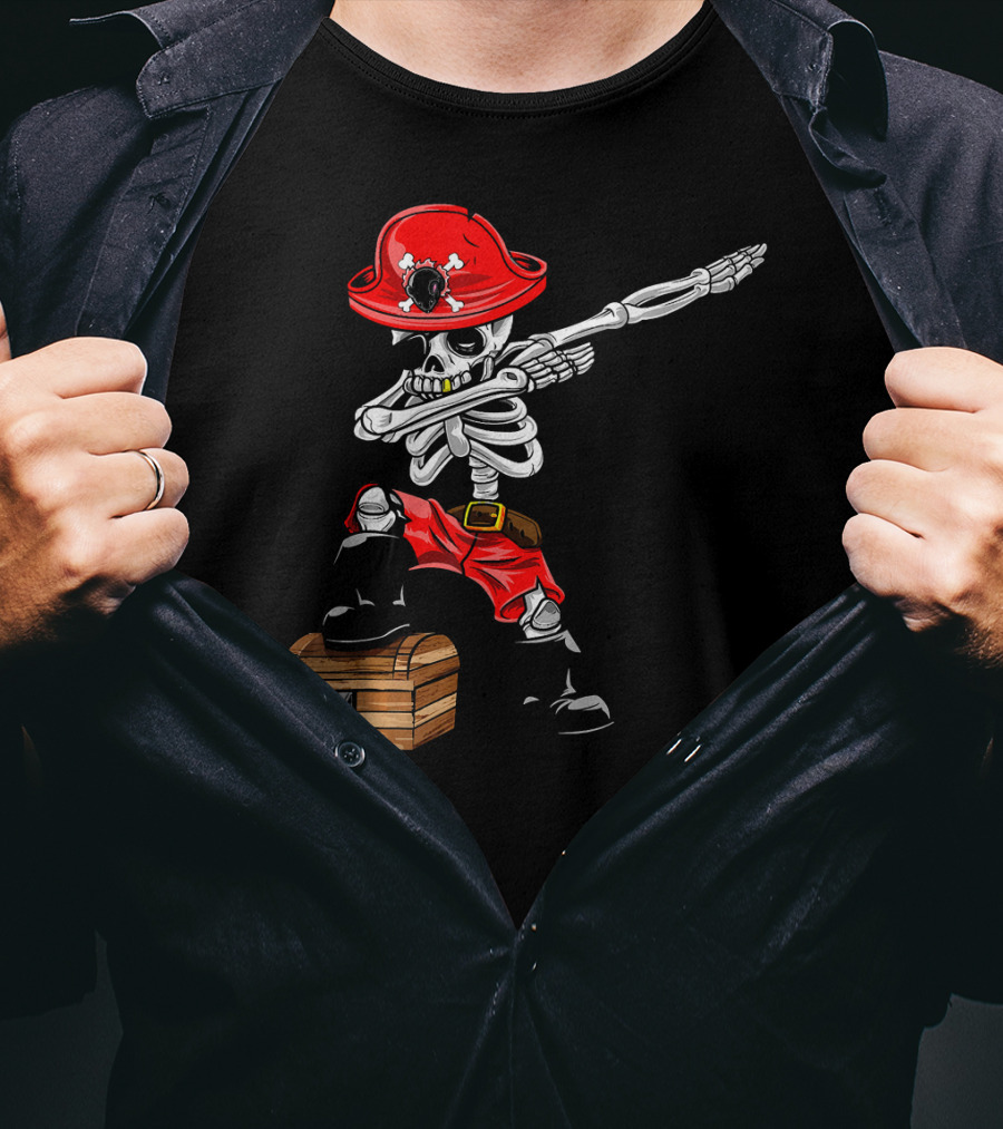 Dabbing Skeleton Pirate With Red Hat And Treasure Chest T-Shirt