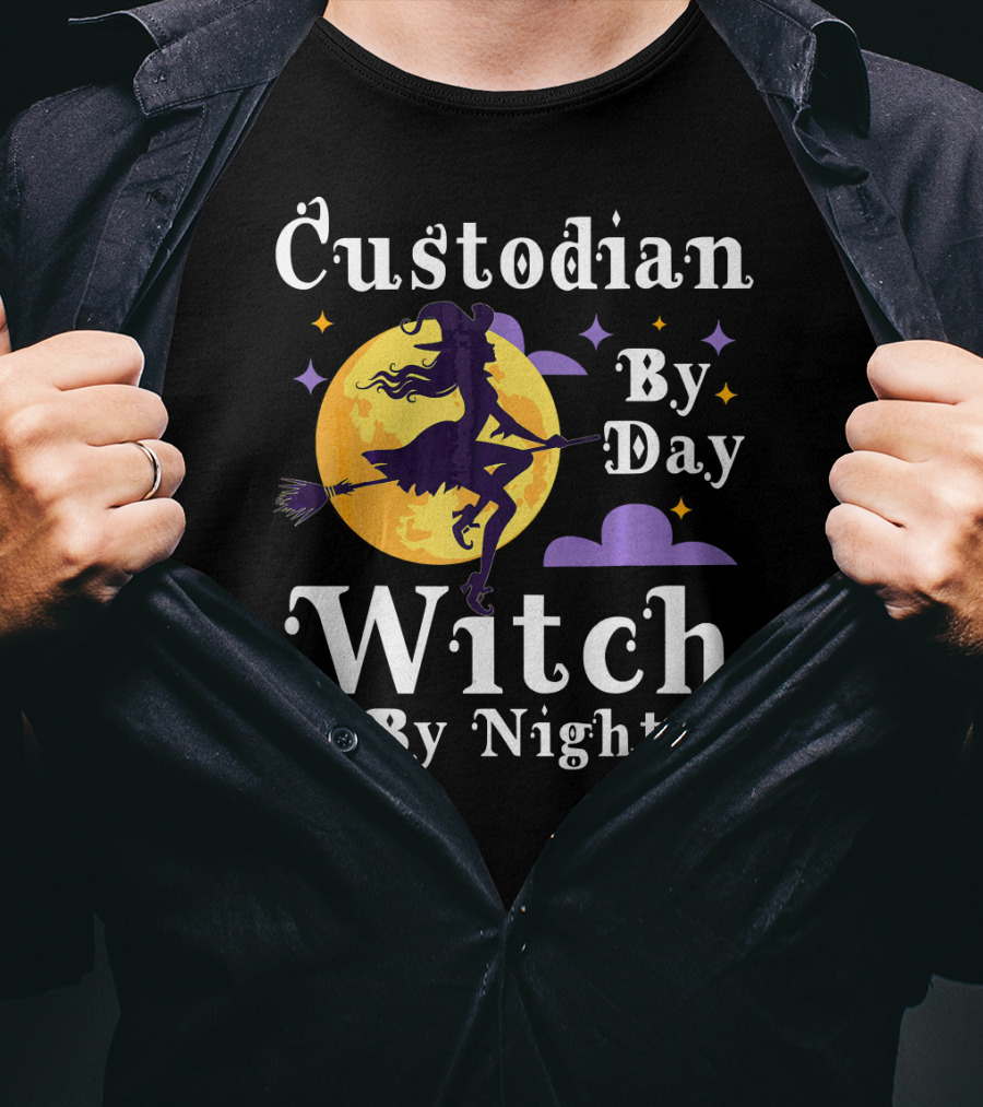 Custodian By Day Witch By Night Flying Broomstick Moon And Stars T-Shirt