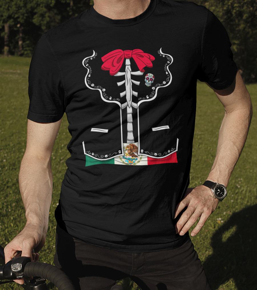 Day Of The Dead Dia De Los Muertos Mexican Skeleton Costume México Flag Sugar Skull Bow T-Shirt