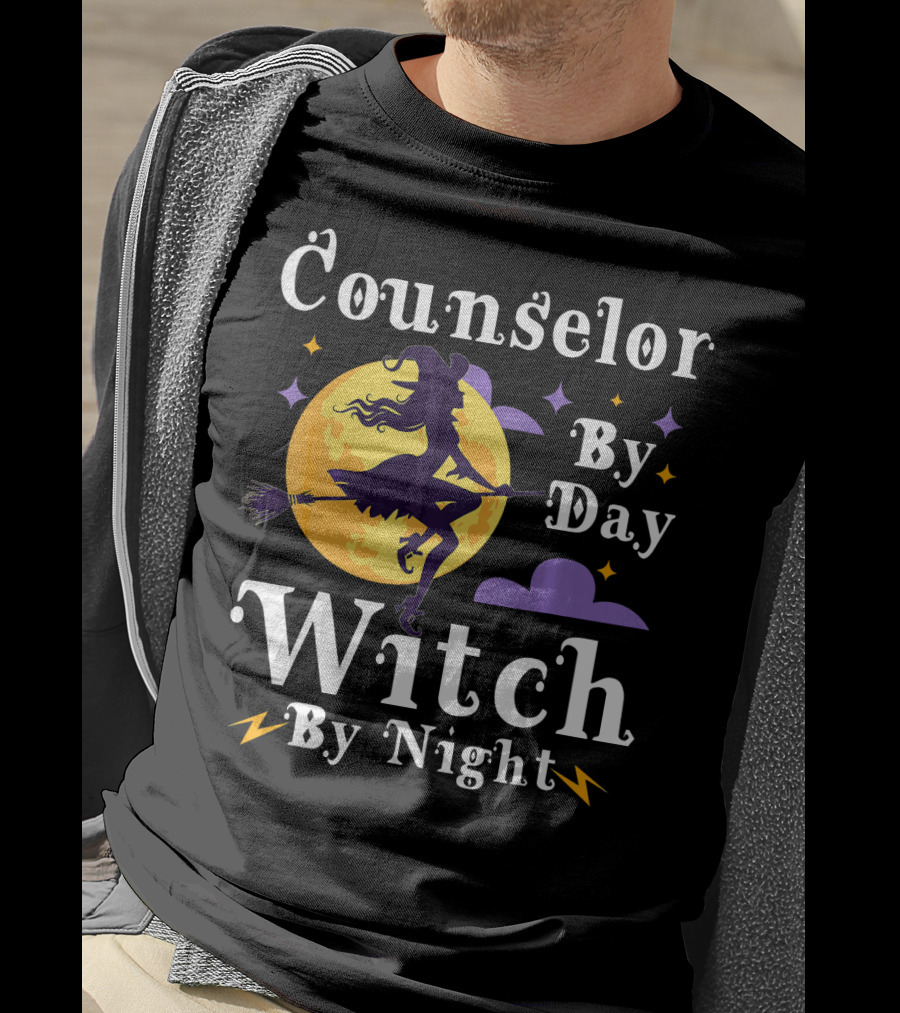 Counselor By Day Witch By Night Flying Broomstick And Full Moon T-Shirt