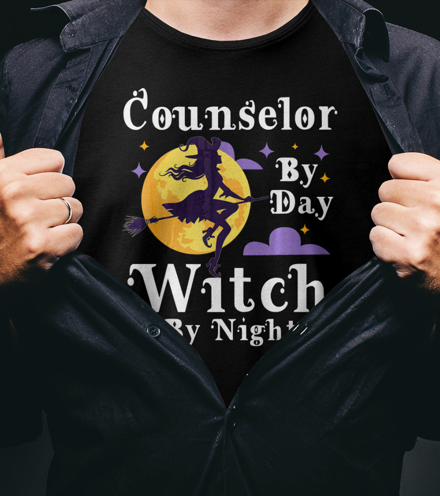 Counselor By Day Witch By Night Flying Broomstick And Full Moon T-Shirt