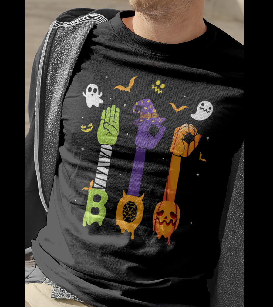 Boo Zombie Hand Sign Witch Hat Pumpkin Ghosts Halloween T-Shirt