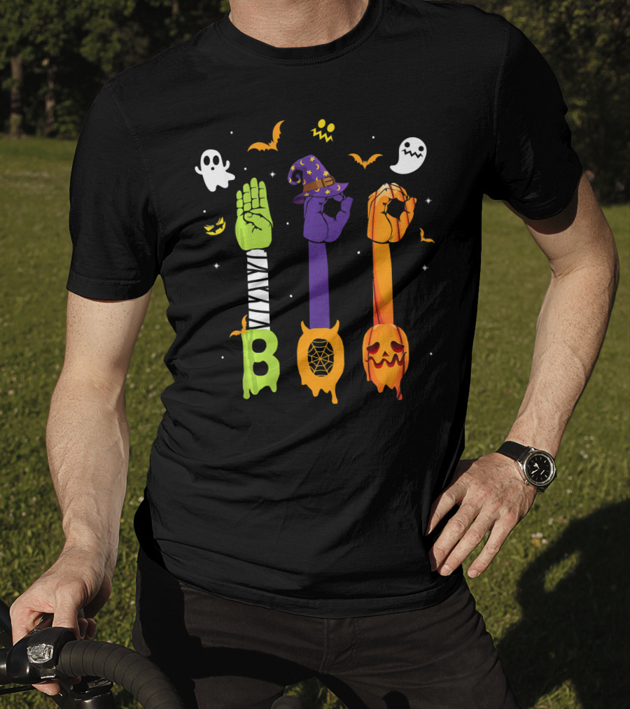 Boo Zombie Hand Sign Witch Hat Pumpkin Ghosts Halloween T-Shirt