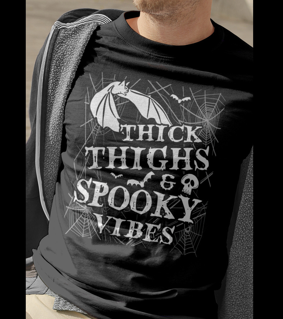 Thick Thighs Spooky Vibes Bat Skull Spider Webs T-Shirt