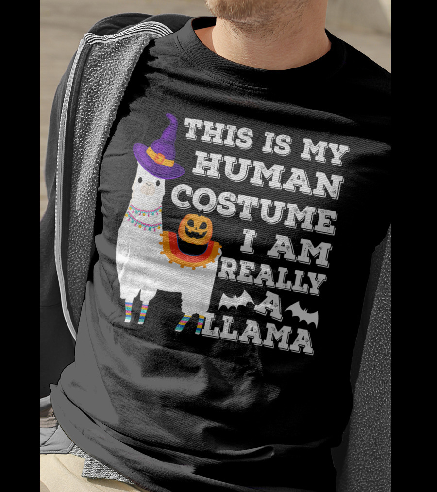 This Is My Human Costume I Am Really A Llama Halloween Witch Hat Pumpkin Bat T-Shirt