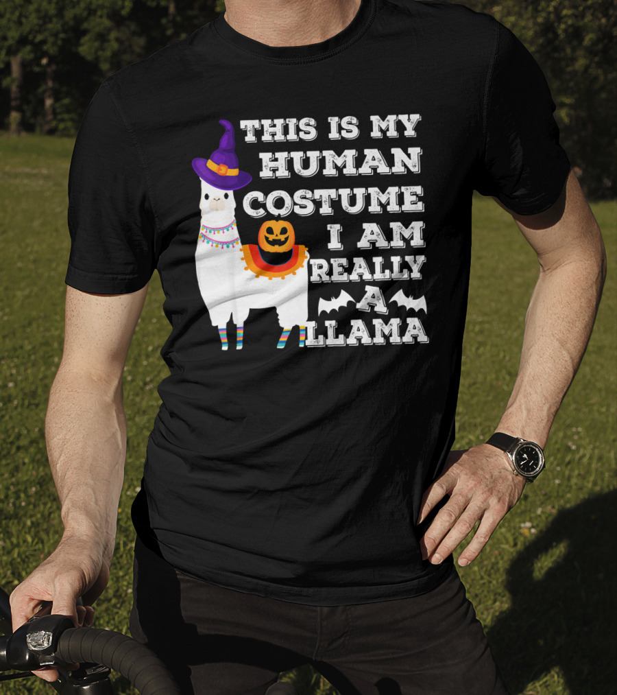 This Is My Human Costume I Am Really A Llama Halloween Witch Hat Pumpkin Bat T-Shirt