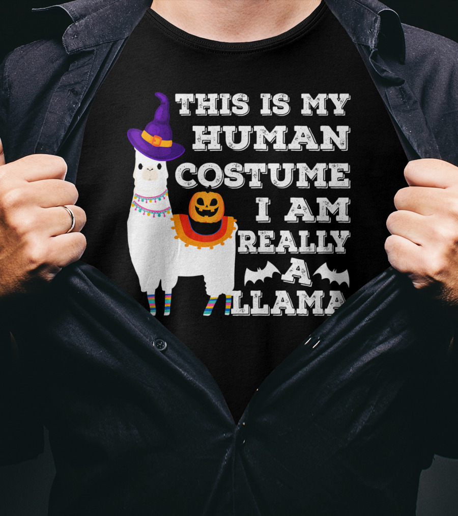 This Is My Human Costume I Am Really A Llama Halloween Witch Hat Pumpkin Bat T-Shirt