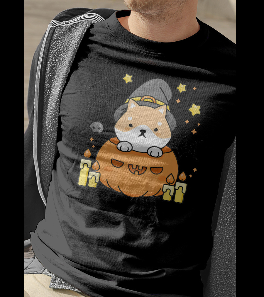 Kawaii Shiba Inu Dog In Witch Hat With Pumpkin And Candles Japanese T-Shirt