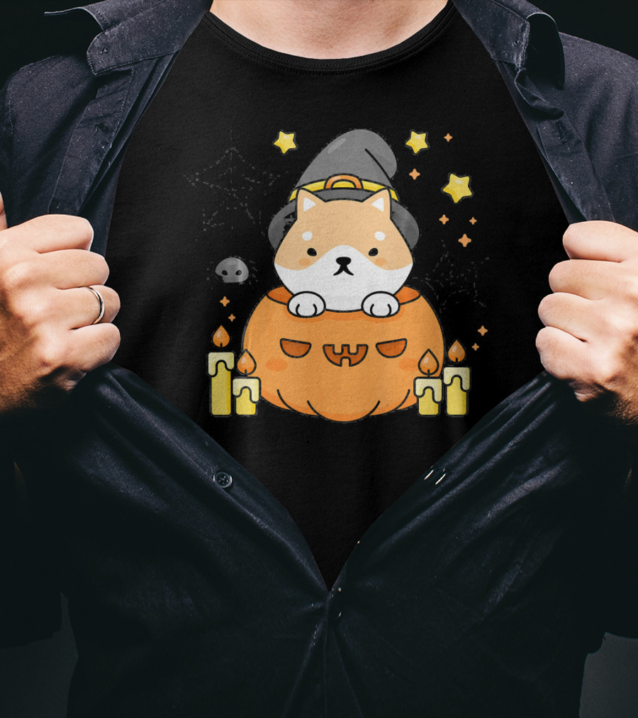 Kawaii Shiba Inu Dog In Witch Hat With Pumpkin And Candles Japanese T-Shirt