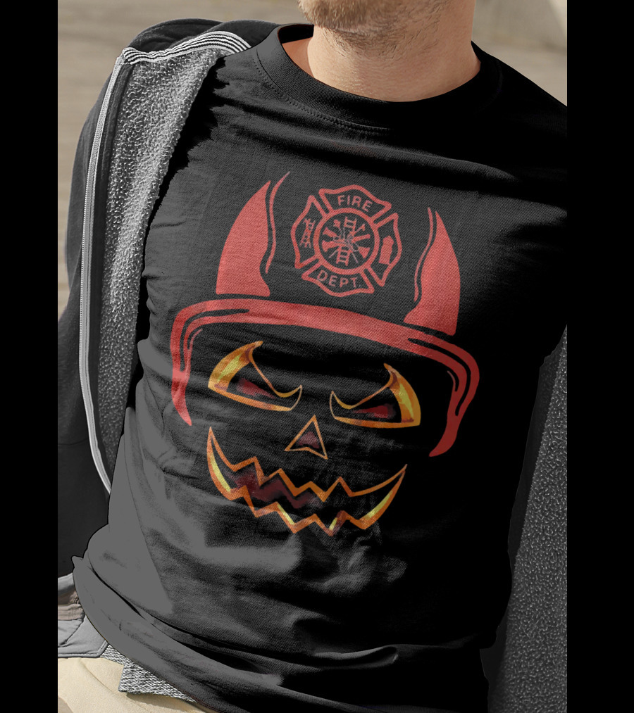 Fire Dept Pumpkin With Firefighter Helmet And Jack-O'-Lantern Face T-Shirt
