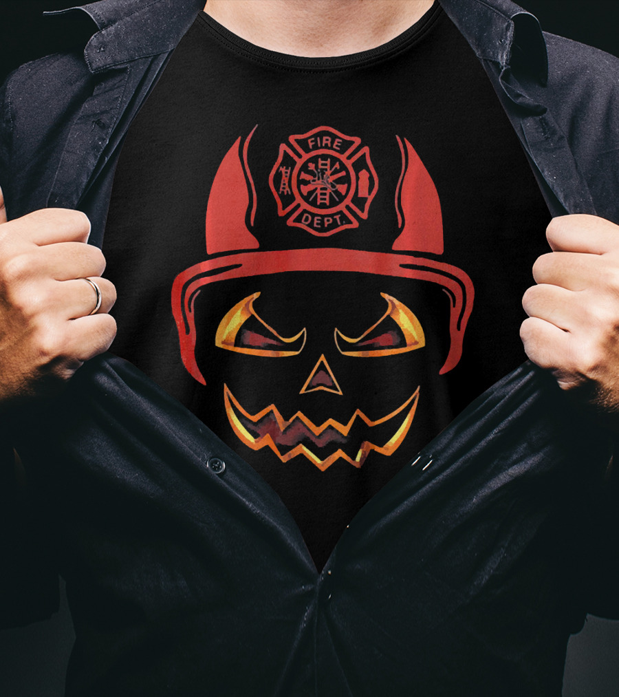 Fire Dept Pumpkin With Firefighter Helmet And Jack-O'-Lantern Face T-Shirt