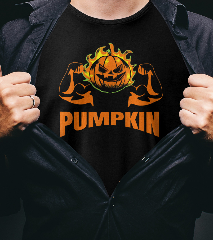 Bodybuilder Pumpkin Halloween Costume Muscles Jack-O'-Lantern T-Shirt