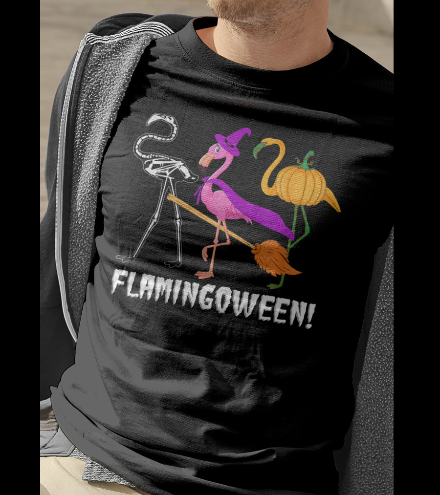 Flamingoween Skeleton Witch Pumpkin Flamingo Halloween T-Shirt