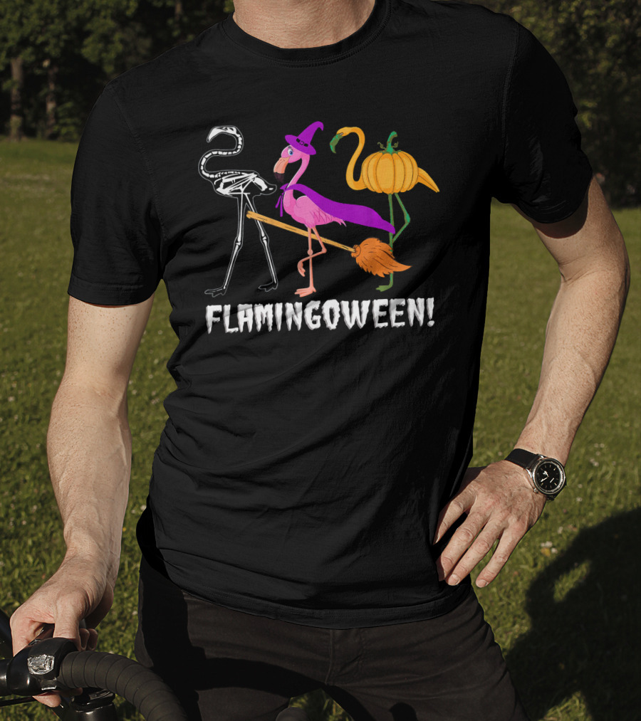 Flamingoween Skeleton Witch Pumpkin Flamingo Halloween T-Shirt
