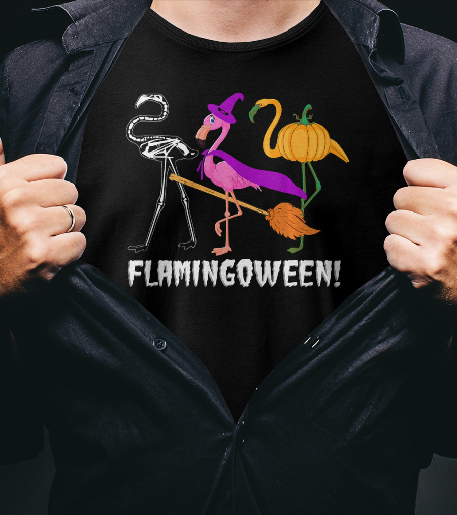 Flamingoween Skeleton Witch Pumpkin Flamingo Halloween T-Shirt